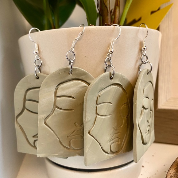 Handmade Clay Earrings | Face Outline Statue | Light Forest Green | Hook Backs - Picture 2 of 7